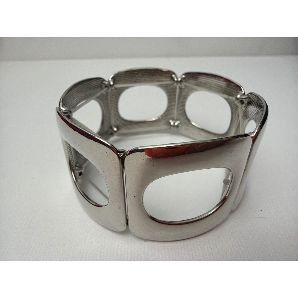 Silver Tone Wide Stretch Panel Bracelet Oval Cut Out Geometric Cuff